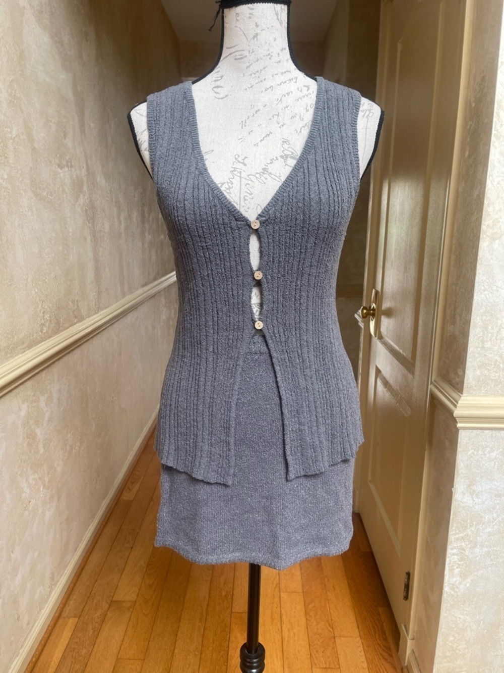 Free People Beach Rhea Knit Mini Skirt & Vest Set Ribbed XS Grey Coquette - Picture 3 of 14